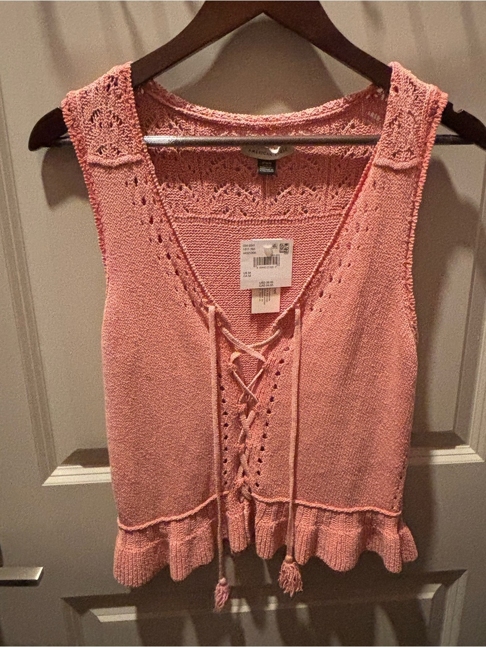 American Eagle Outfitters Pink Lace-Up Crochet Trim Tank
